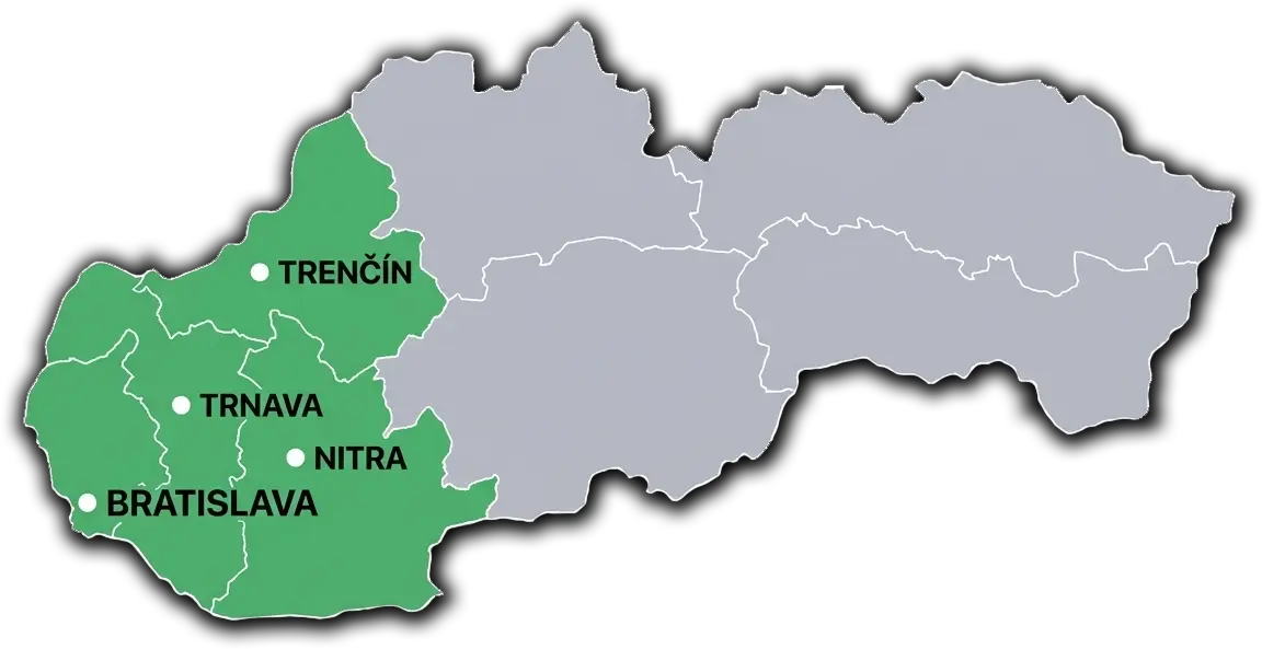 Mapa pôsobenia — západné Slovensko